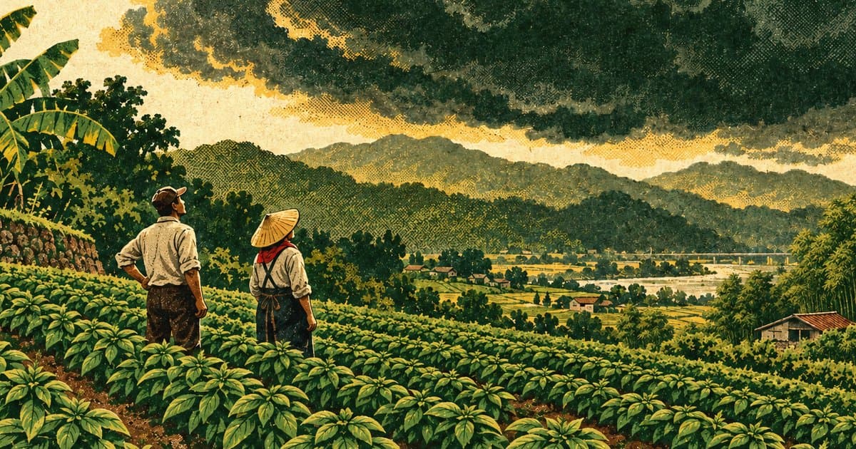 大溪的羅勒田,兩個農人抬頭看著壓境的雷雨雲